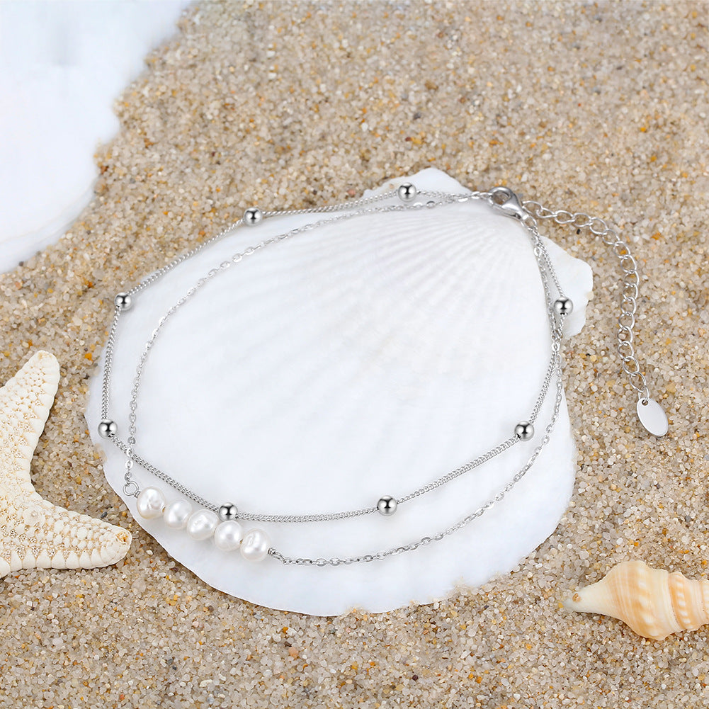 Pearl Double Chain Anklet | 14K Gold White Gold 22+5cm