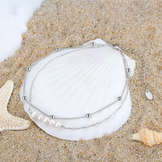 Pearl Double Chain Anklet | 14K Gold White Gold 22+5cm