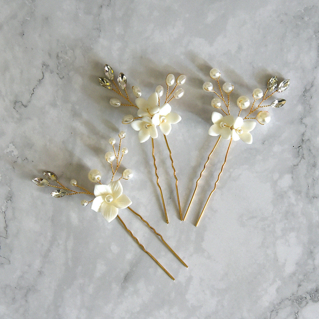 White Flower U-Shape Hairpins | Pearl 3-Set 10cm Gold Silver Rose