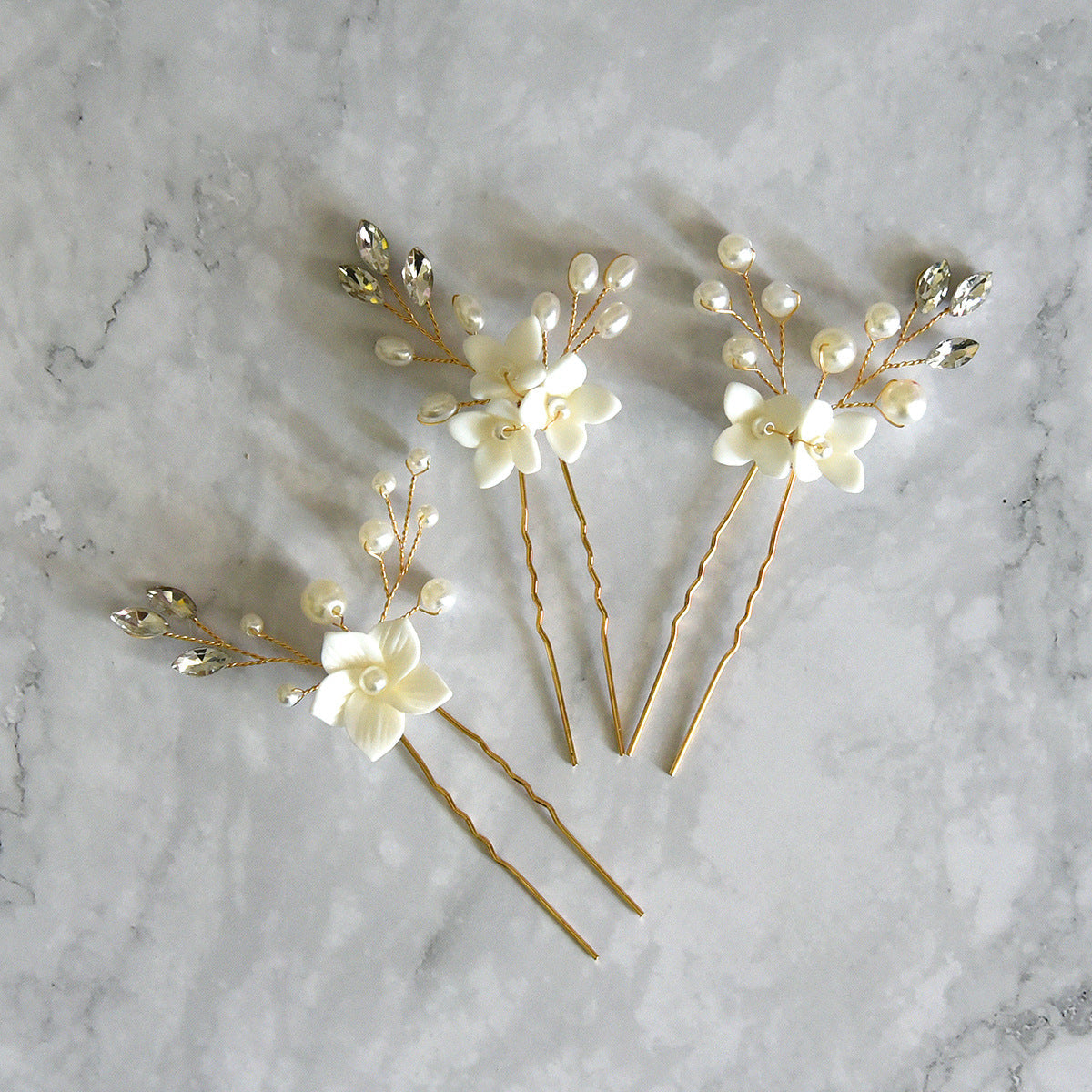 White Flower U-Shape Hairpins | Pearl 3-Set 10cm Gold Silver Rose