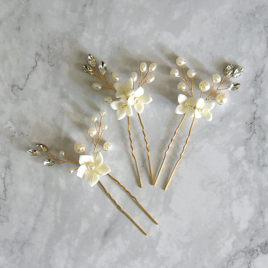White Flower U-Shape Hairpins | Pearl 3-Set 10cm Gold Silver Rose