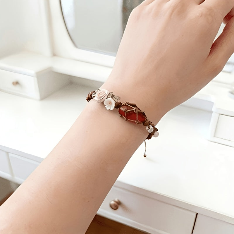 Red Crystal Flower Pendant Boho Bracelet for Women | Adjustable
