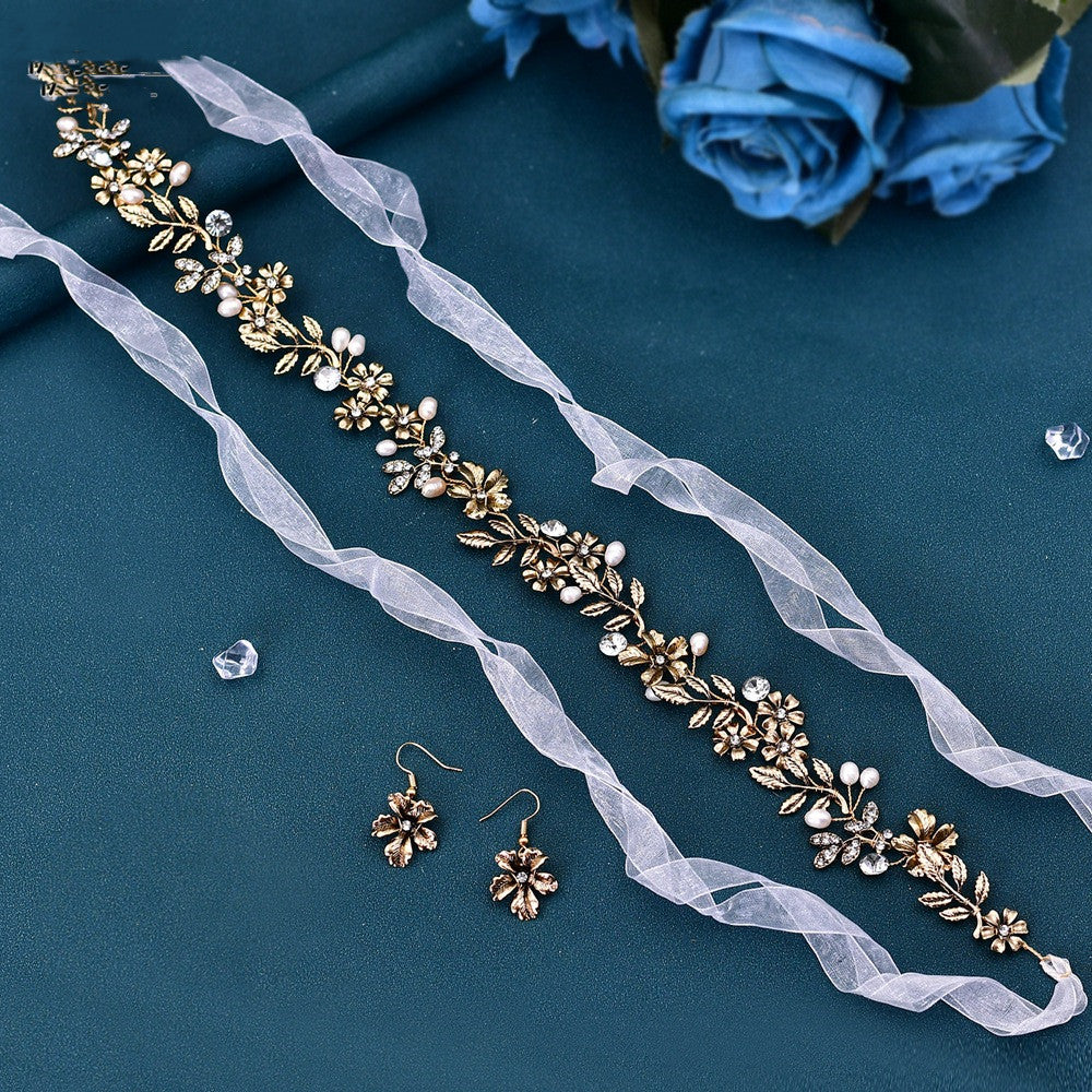 Freshwater Pearl Leaf Hair Band | Alloy Wave 41cm with Earrings