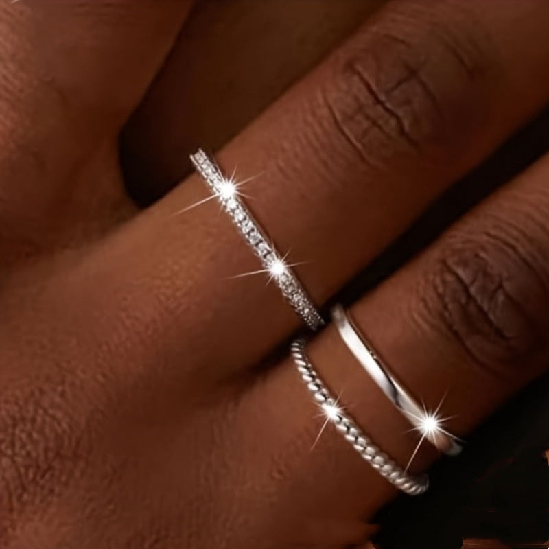 Copper Zircon Ring Set for Women | 3-Piece Silver