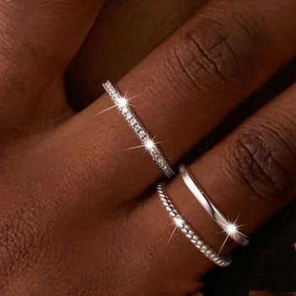 Copper Zircon Ring Set for Women | 3-Piece Silver