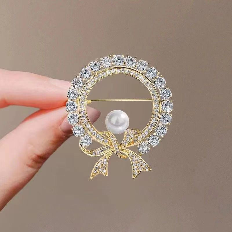 Rhinestone Bow Pearl Brooch | Alloy Korean Gold Silver Dual-Use