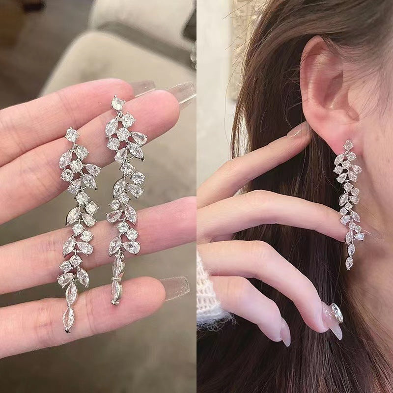 Crystal Diamond Leaf Tassel Earrings | Silver Needle Alloy Natural