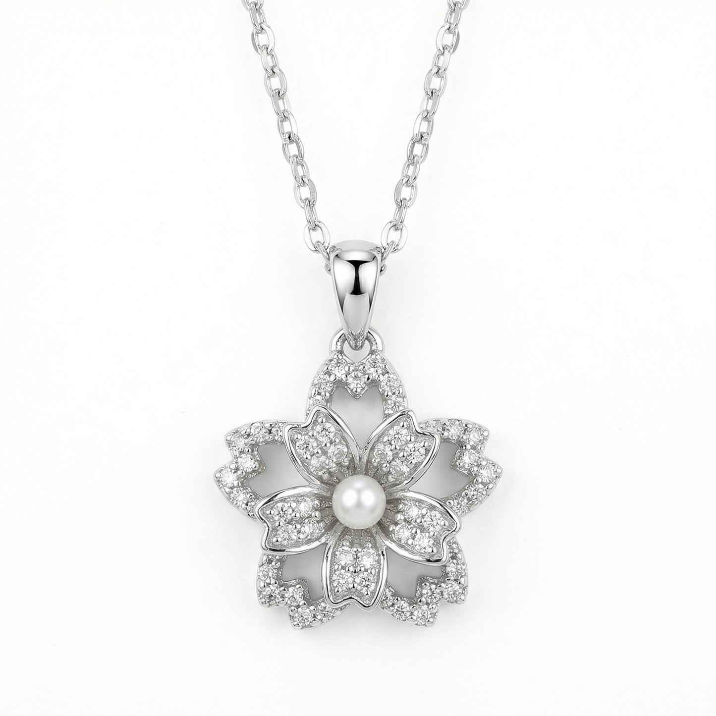 925 Sterling Silver Elegant Silver Cherry Blossom Flower Pendant Necklace with Center Pearl