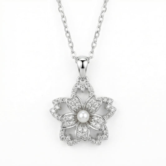 925 Sterling Silver Elegant Silver Cherry Blossom Flower Pendant Necklace with Center Pearl