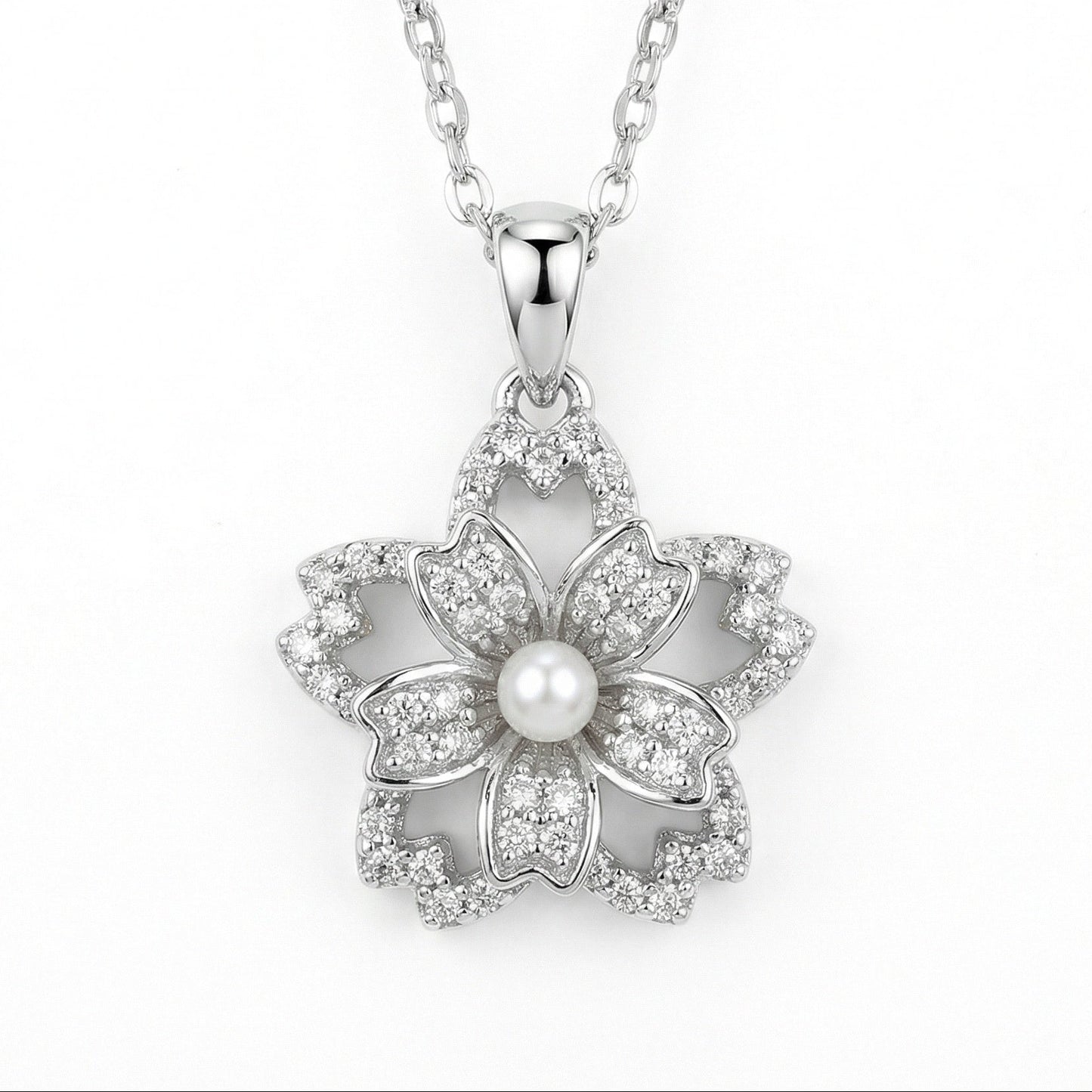 925 Sterling Silver Elegant Silver Cherry Blossom Flower Pendant Necklace with Center Pearl