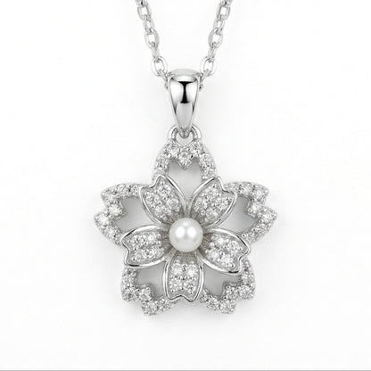 925 Sterling Silver Elegant Silver Cherry Blossom Flower Pendant Necklace with Center Pearl