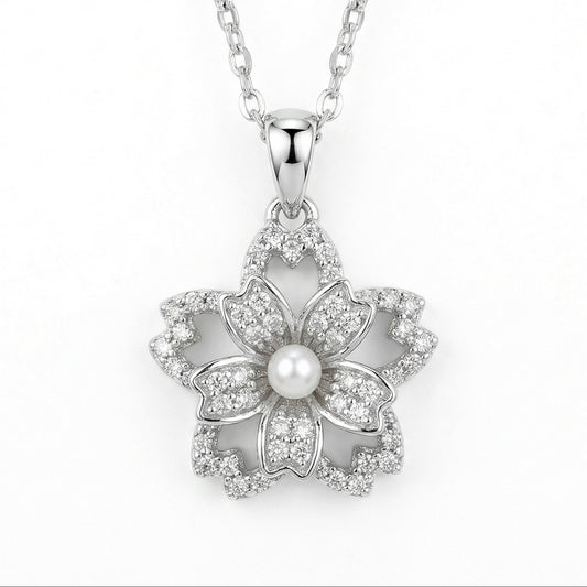 925 Sterling Silver Elegant Silver Cherry Blossom Flower Pendant Necklace with Center Pearl