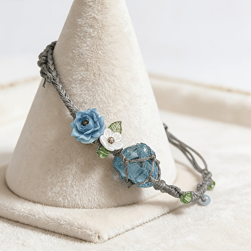 Blue Morpho Handwoven Rock Crystal Bracelet | Ocean & Floral Gift