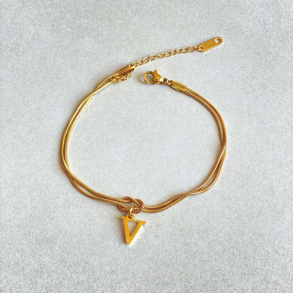 Initial Letter Love Knot Bracelet for Women | Gold Snake Chain