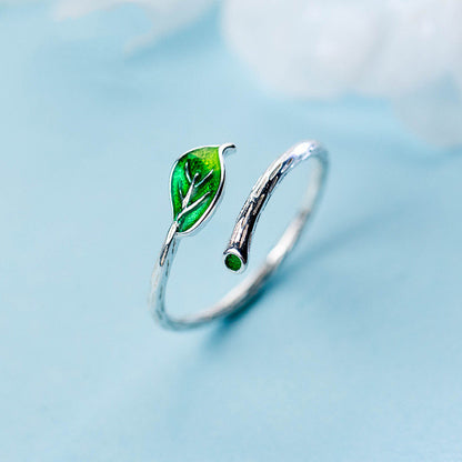 Green Leaf Branch Open Ring | Copper Korean Style Women's