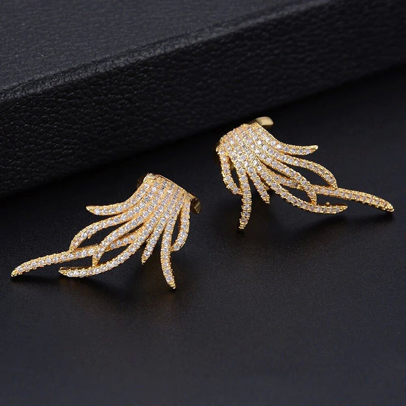 Feather Ear Clip Zircon Earrings | Copper Inlaid Gold Silver