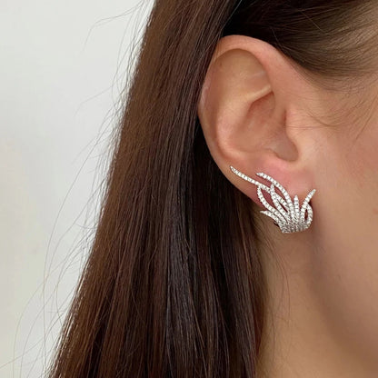 Feather Ear Clip Zircon Earrings | Copper Inlaid Gold Silver