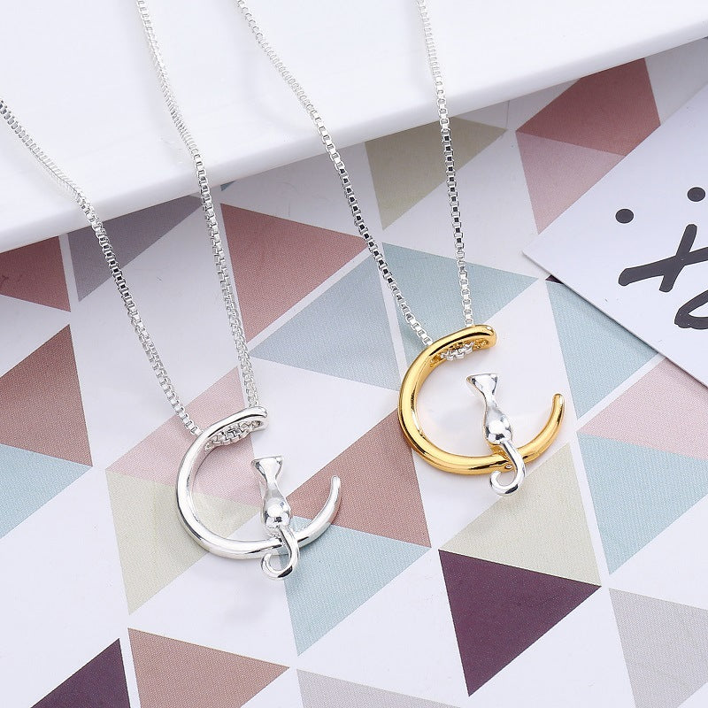 Cat and Moon Pendant Necklace for Women