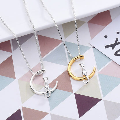 Cat and Moon Pendant Necklace for Women