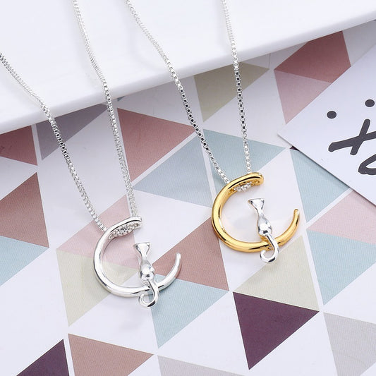Cat and Moon Pendant Necklace | Celestial Design for Women