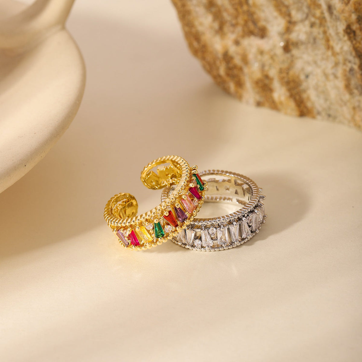 Gold Plated Diamond Inlay Ring | Copper Geometric