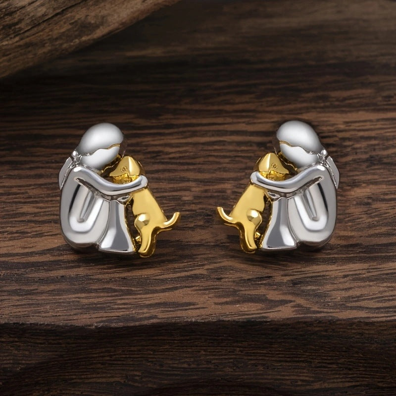 Little Girl and Dog Hug Ear Studs | Alloy Cartoon Unisex Gold Silver