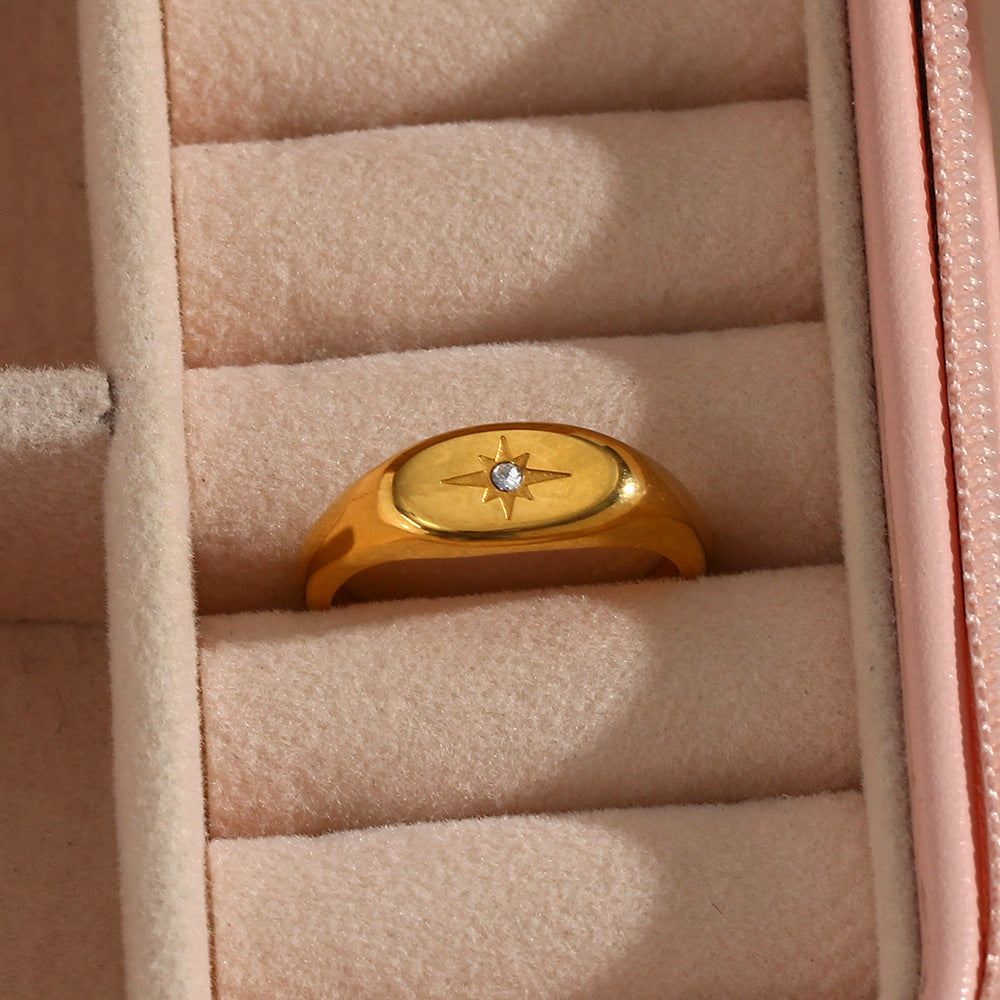 Golden Oval Star Zircon Ring | Stainless Steel Women's Fashion OL