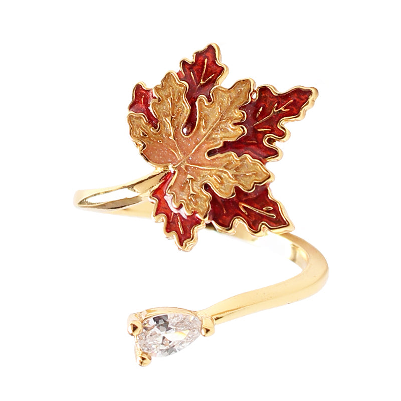 18K Gold Enamel Maple Leaf Ring | Drop Glaze Nature-Inspired