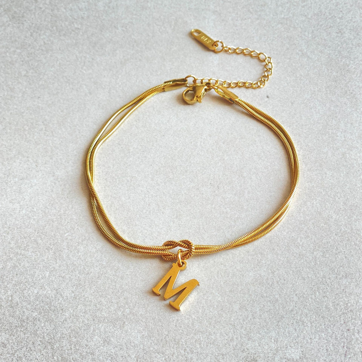 Initial Letter Love Knot Bracelet for Women | Gold Snake Chain