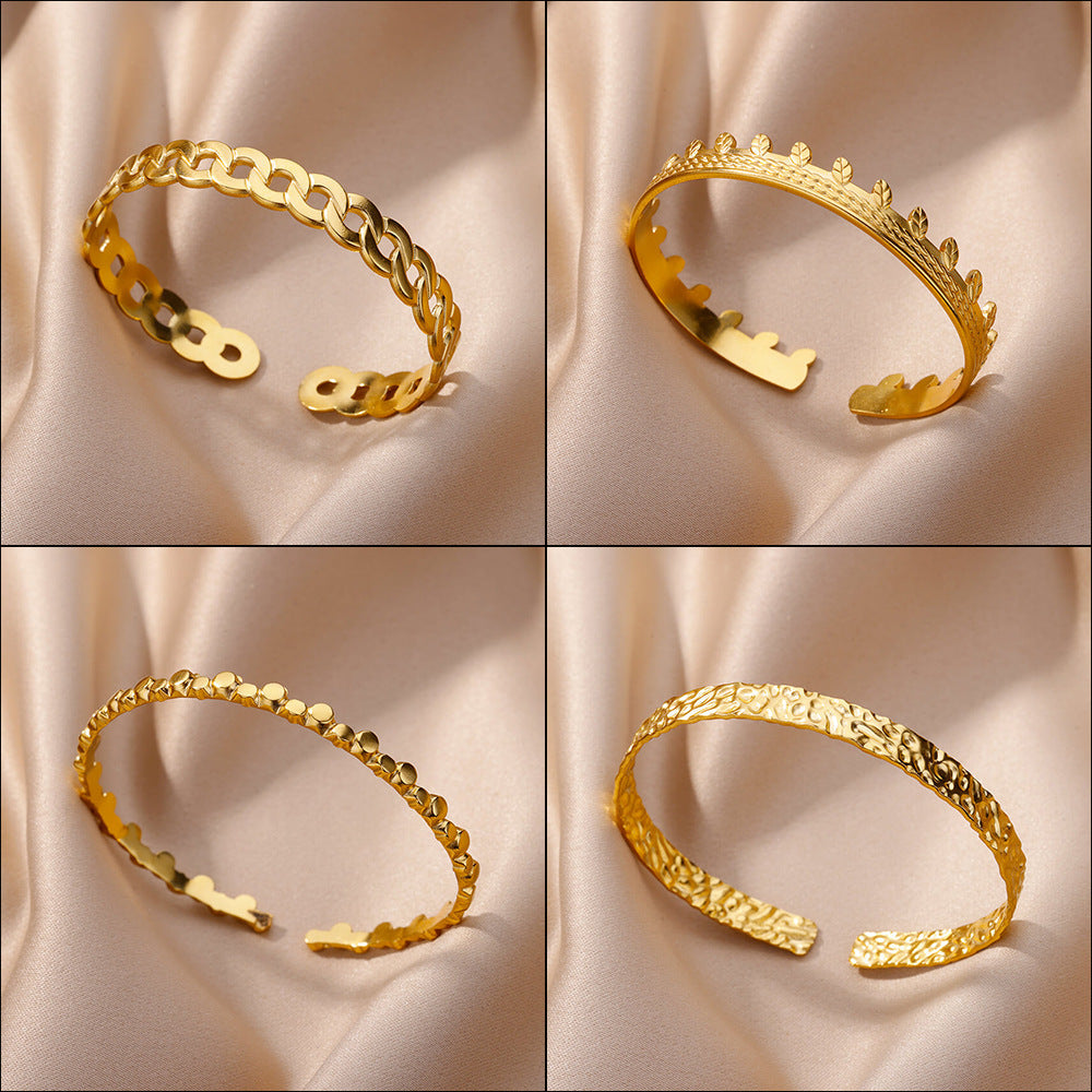 Pleated Pattern Open Bracelet for Women in Stainless Steel