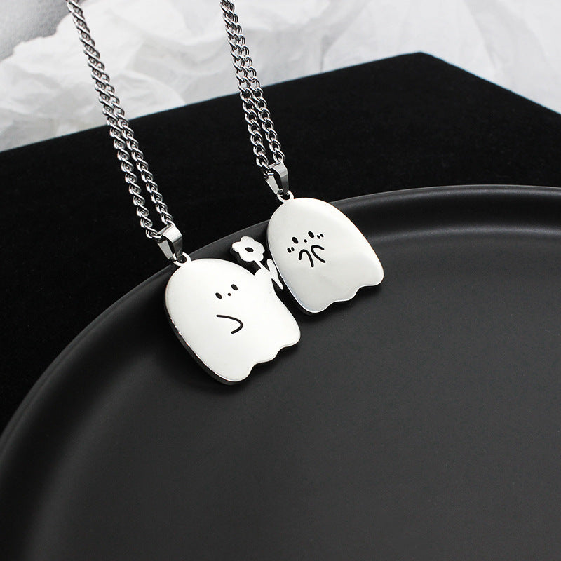 Cute Ghost and Cat Pendant Necklace in Stainless Steel