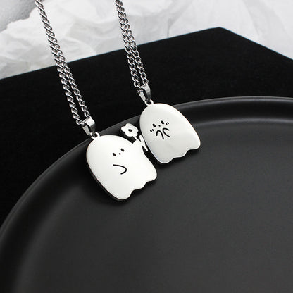 Cute Ghost and Cat Pendant Necklace in Stainless Steel