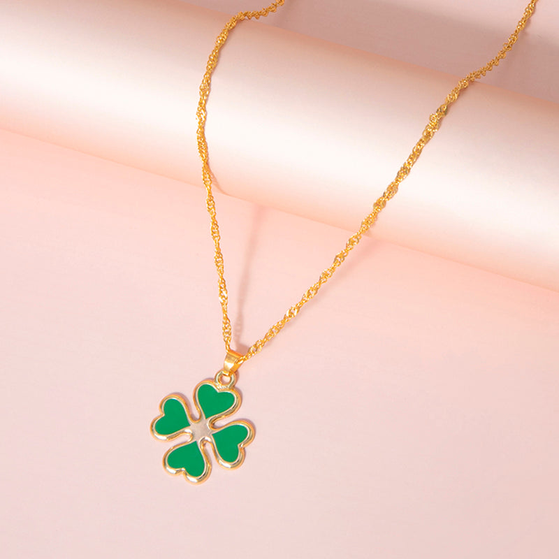 Green Enamel Four Leaf Clover Pendant Necklace for Women