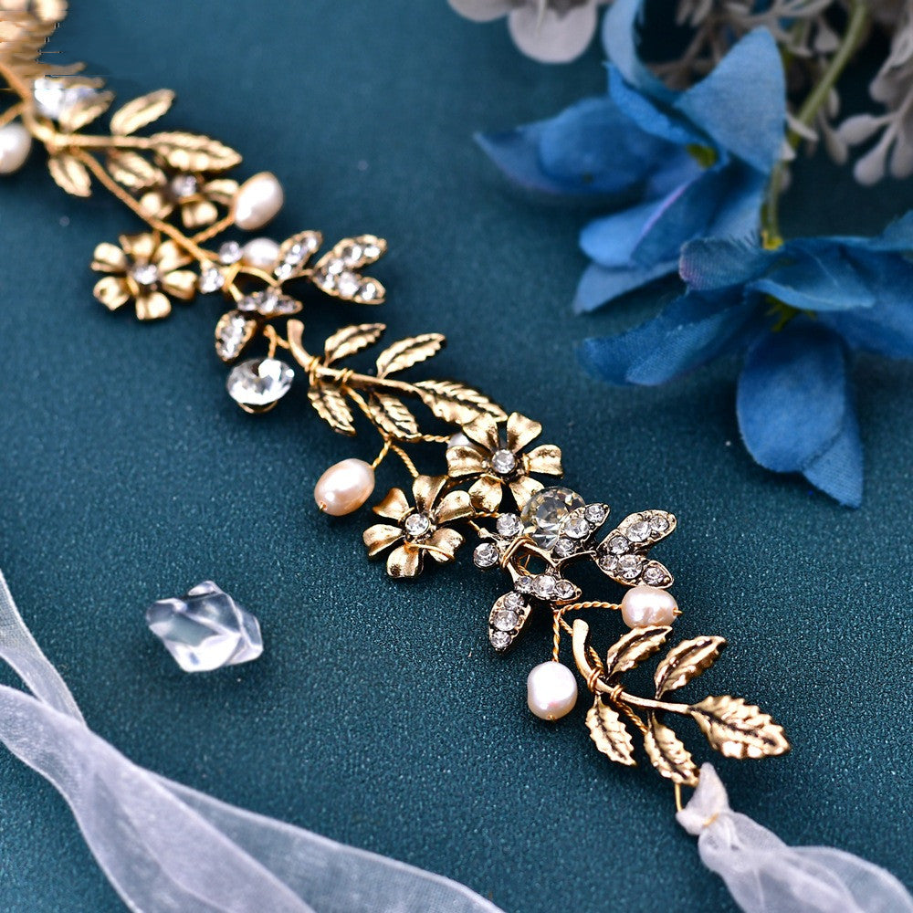 Freshwater Pearl Leaf Hair Band | Alloy Wave 41cm with Earrings