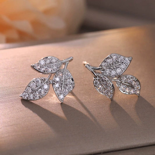 Leaf Earrings | Copper Micro Pave Gold Silver Elegant Birthday Gift