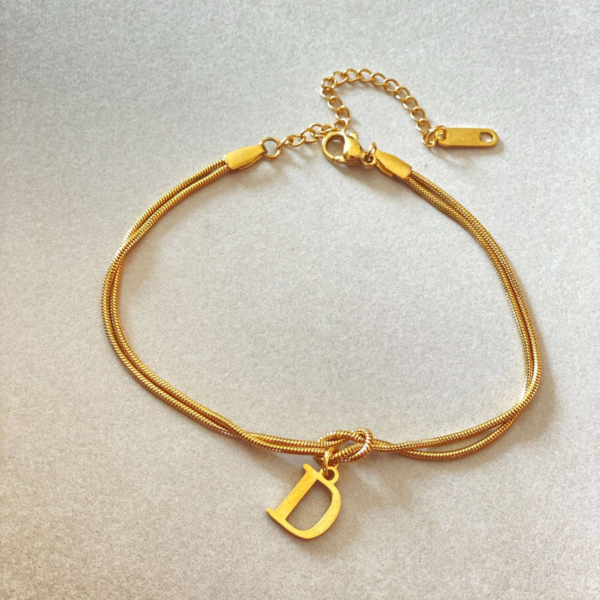 Initial Letter Love Knot Bracelet for Women | Gold Snake Chain
