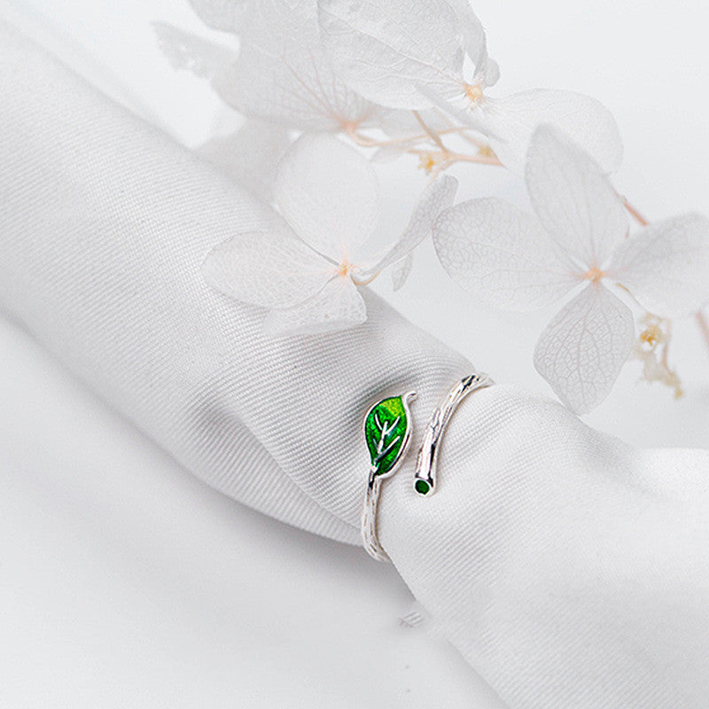 Green Leaf Branch Open Ring | Copper Korean Style Women's