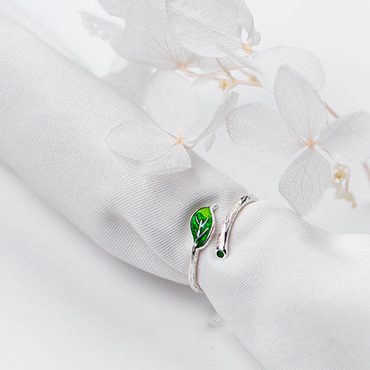 Green Leaf Branch Open Ring | Copper Korean Style Women's