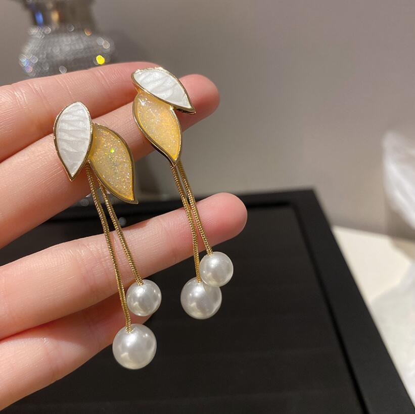 Pearl Leaf Tassel Earrings | Alloy Korean Style Beige Green