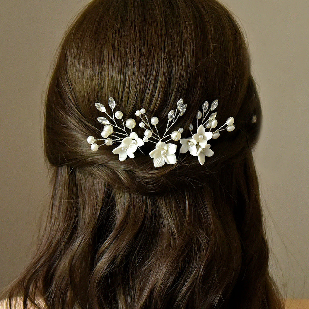 White Flower U-Shape Hairpins | Pearl 3-Set 10cm Gold Silver Rose