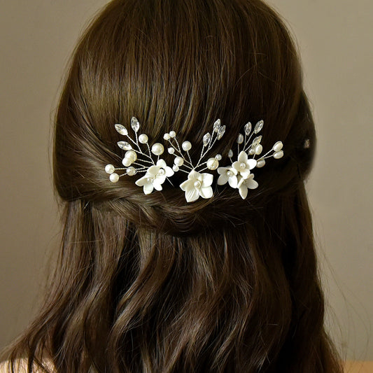 White Flower U-Shape Hairpins | Pearl 3-Set 10cm Gold Silver Rose