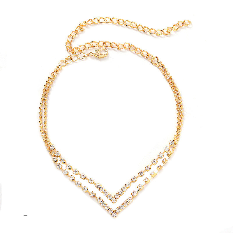 Double-Layer Rhinestone Anklet | Crystal Geometric Gold Silver Beach