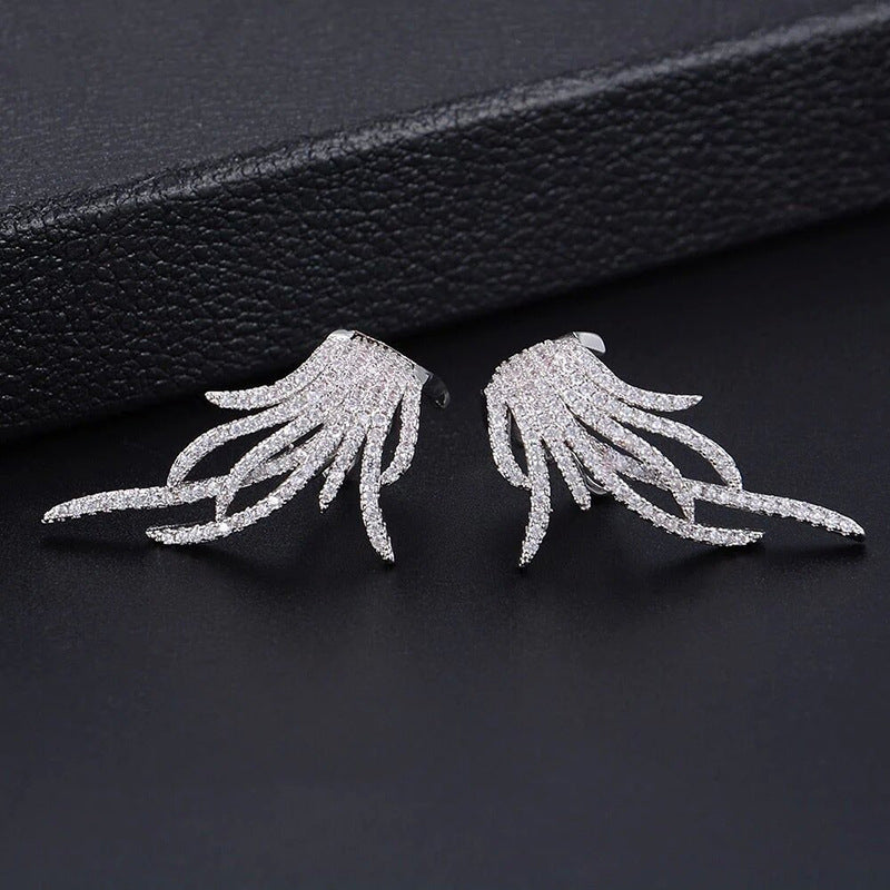 Feather Ear Clip Zircon Earrings | Copper Inlaid Gold Silver