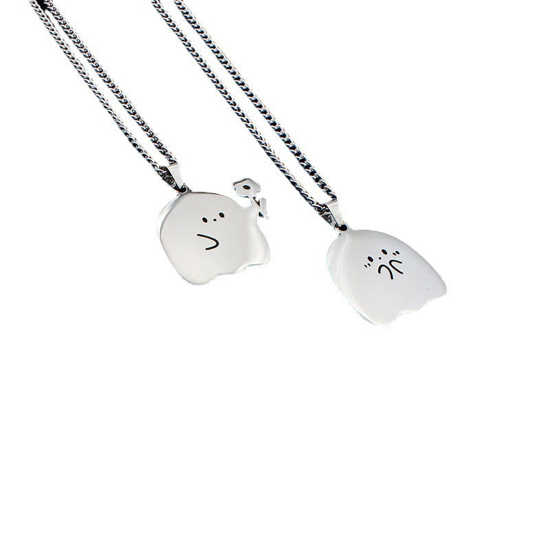 Cute Ghost and Cat Pendant Necklace in Stainless Steel