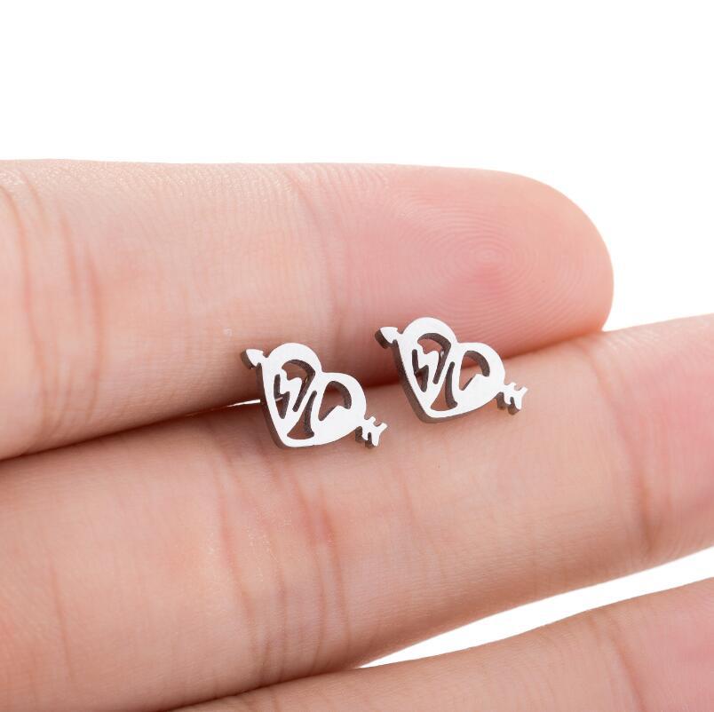 Arrow Through Heart Stud Earrings | Stainless Steel Gold Black Silver Rose