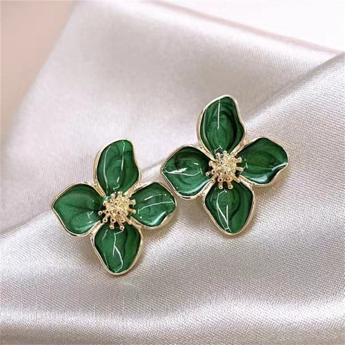 3D Flower Oil Drop Earrings | Metal White Red Green Floral