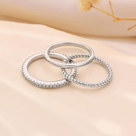 Copper Zircon Ring Set for Women | 3-Piece Silver