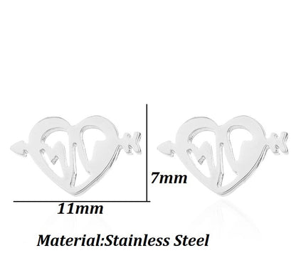 Arrow Through Heart Stud Earrings | Stainless Steel Gold Black Silver Rose