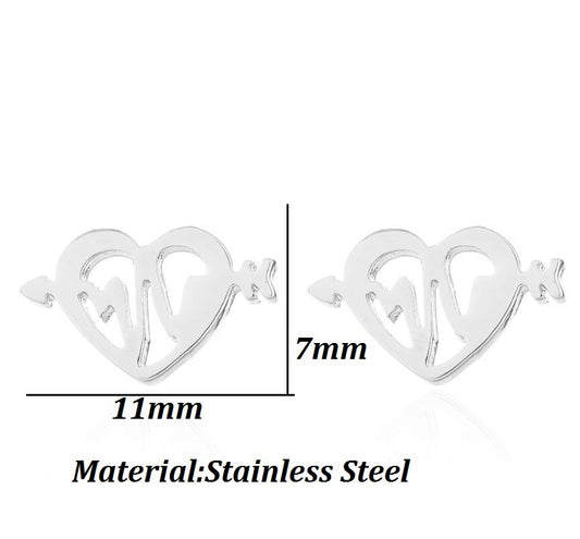 Arrow Through Heart Stud Earrings | Stainless Steel Gold Black Silver Rose