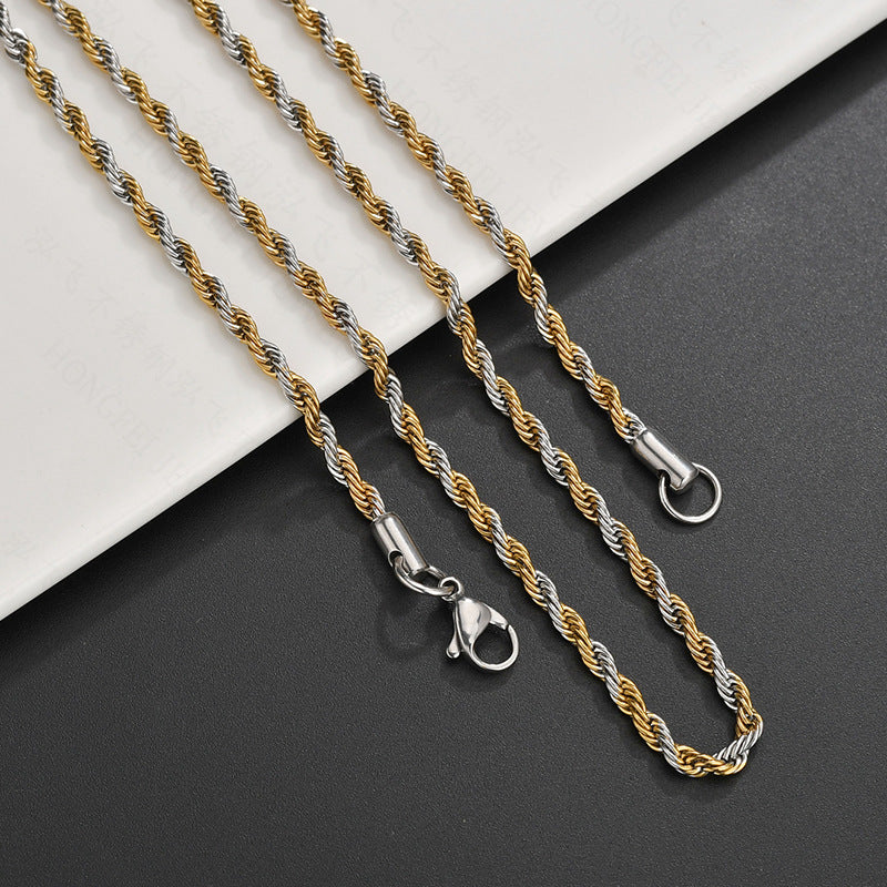 Hip Hop Twisted Rope Chain Necklace in Stainless Steel | Vacuum Plated Gold